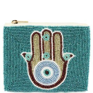 DIONA J FASHION HAMSA EYE HAND FULLY SEED BEADED ZIPPER BAG